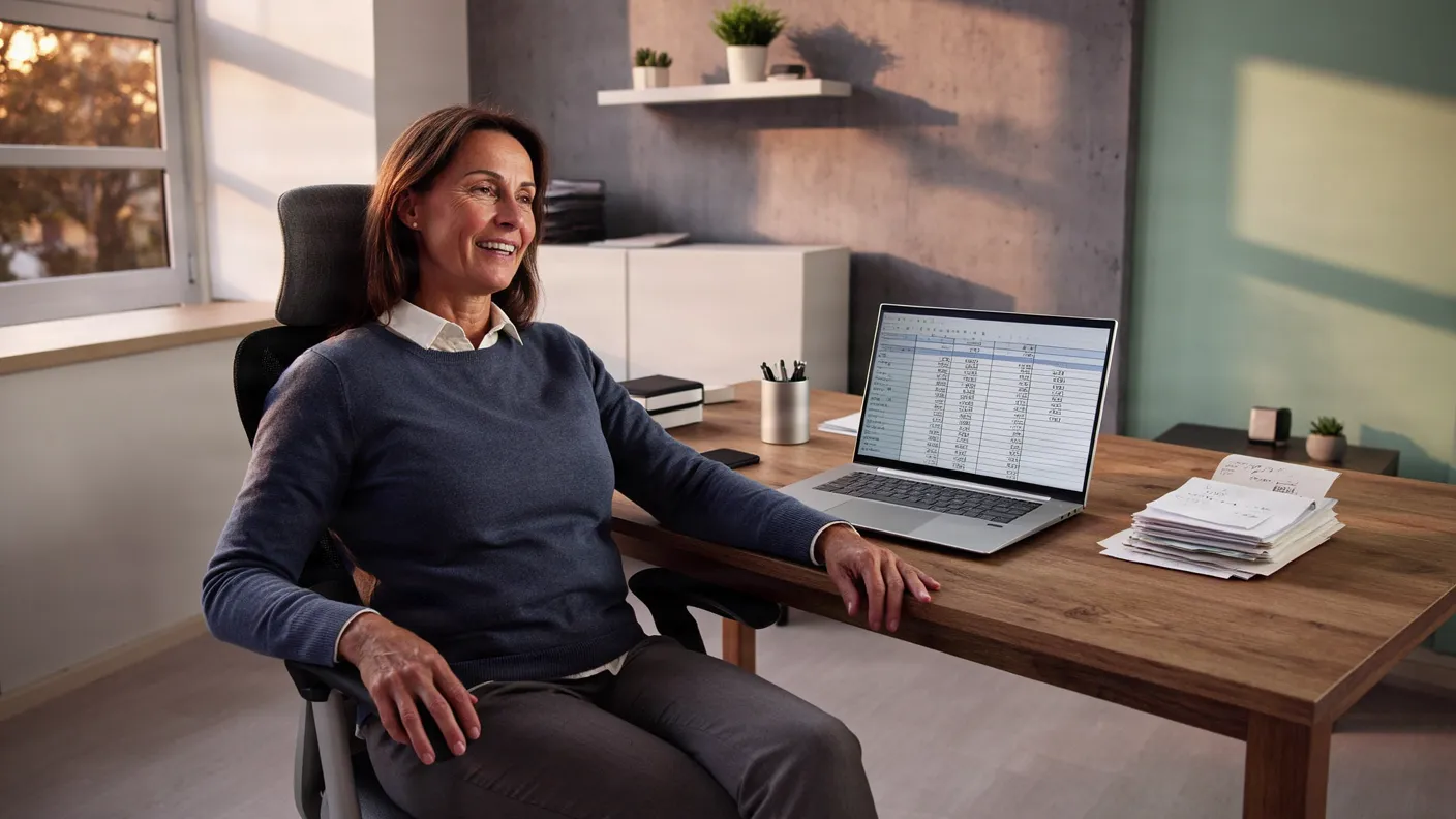 A bookkeeper leans back relaxed next to a stack of receipts and a laptop showing a spreadsheet.