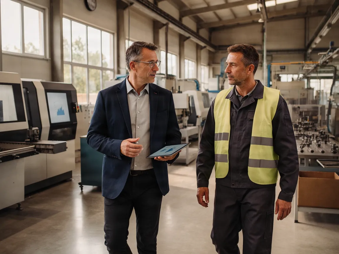 An owner walks through the production hall with a tablet, talking to a foreman.