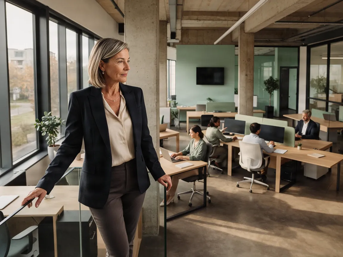 A managing director looks down from a gallery at her team in the open-plan office.