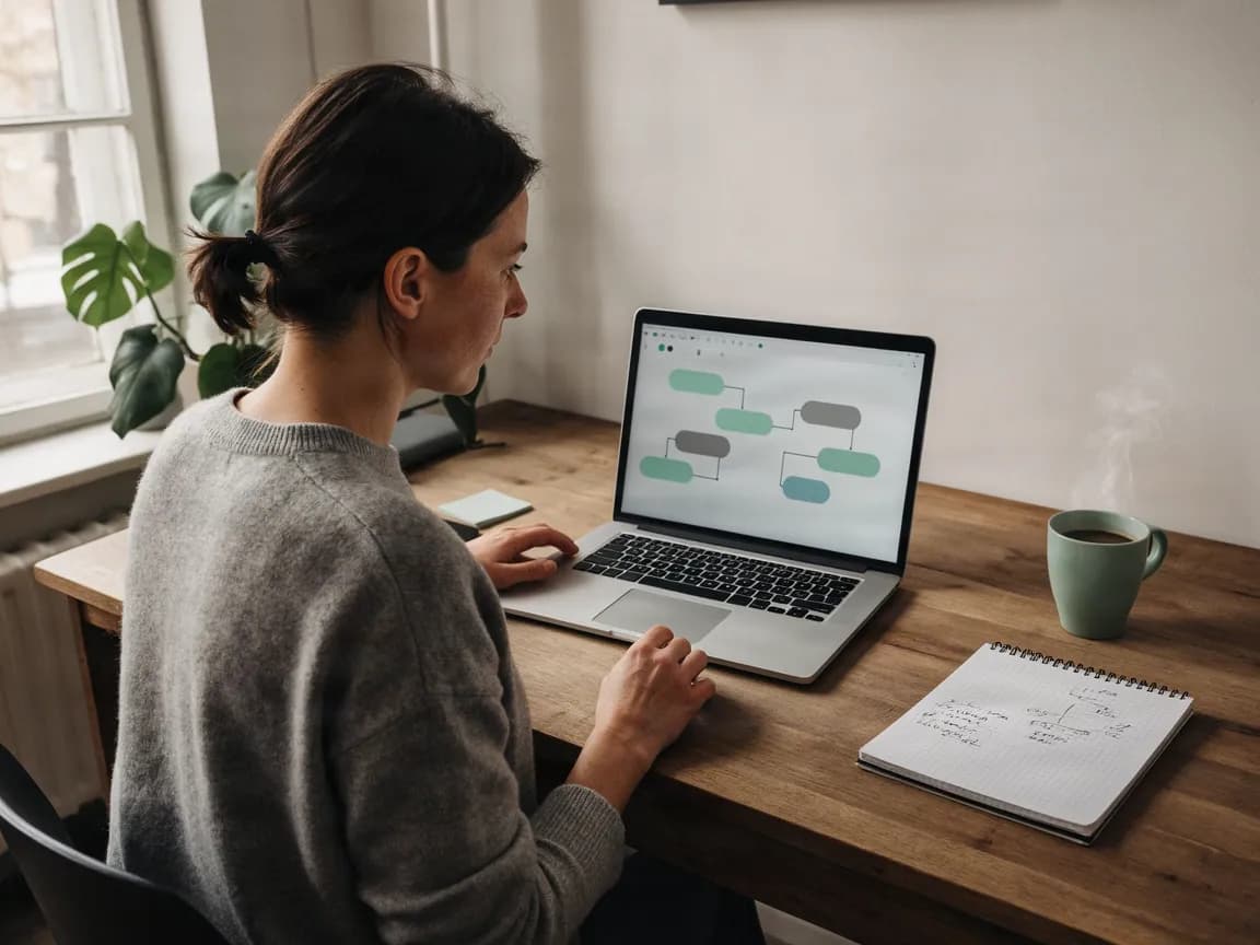 A woman works on a laptop in a visual workflow editor with connected boxes.