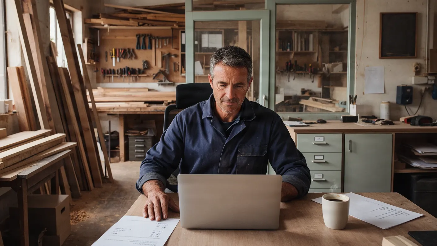 Ein Handwerksmeister sitzt im Werkstattbüro am Laptop, hinter ihm Holz und Werkzeug.