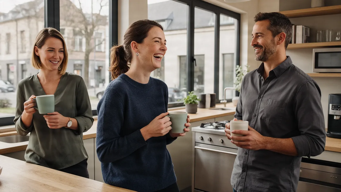 Drei Kolleginnen und Kollegen lachen mit Kaffeetassen in der hellen Büroküche.