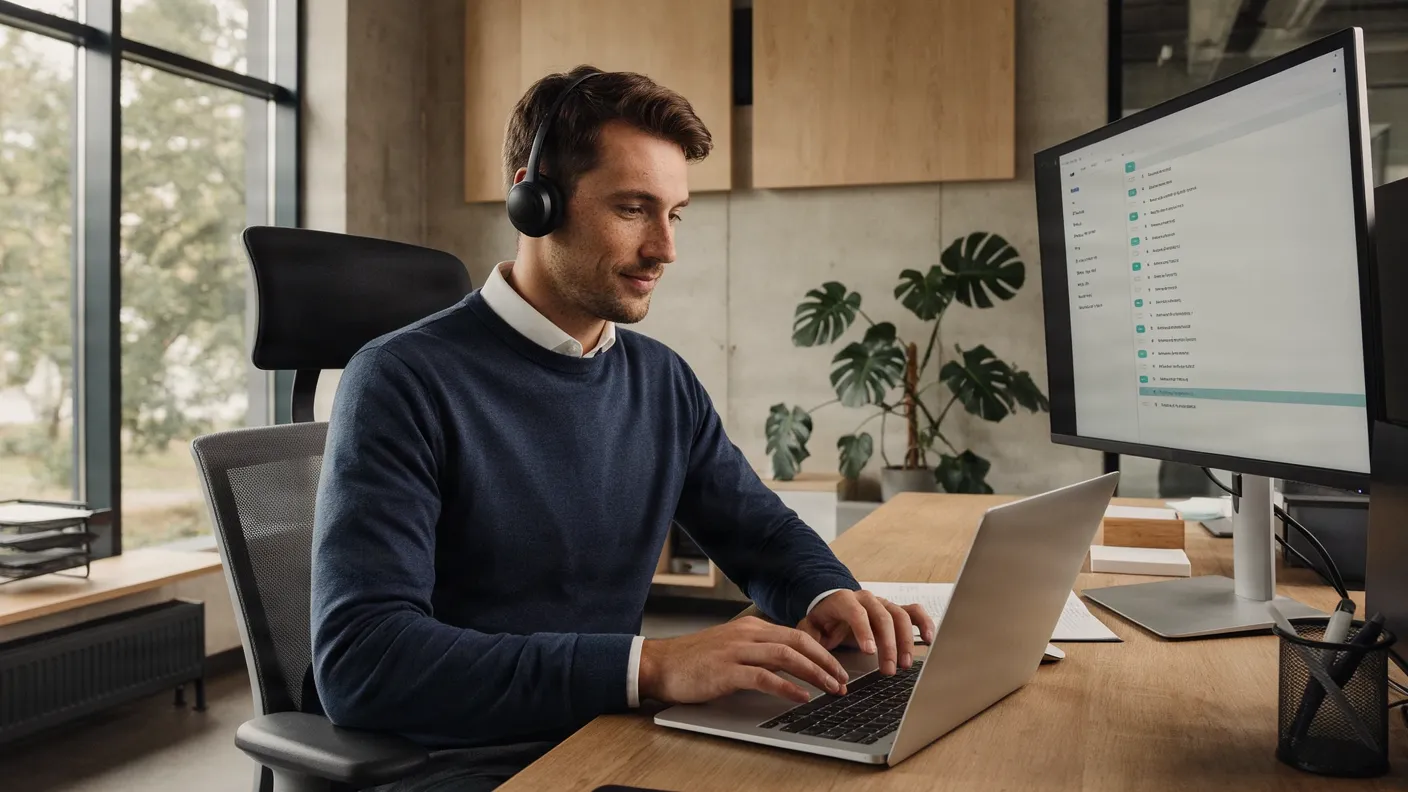 Ein Mitarbeiter im Kundenservice beantwortet mit Headset eine Anfrage am Laptop.