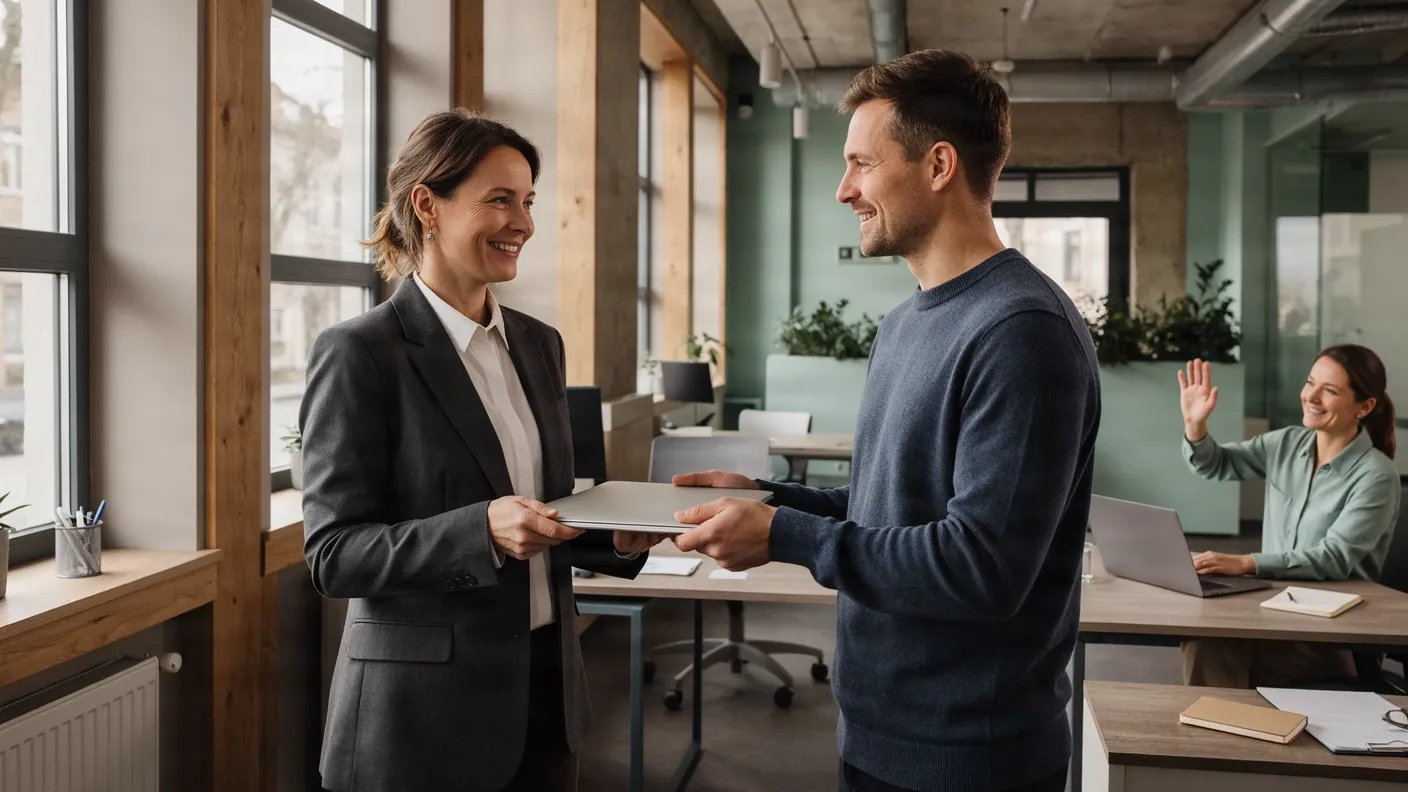 An HR manager hands a new employee a laptop on his first day.