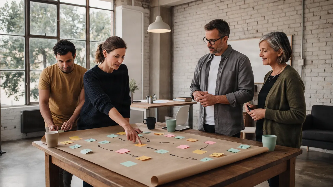 Four colleagues at a large table laying out a workflow on brown paper with sticky notes and arrows.