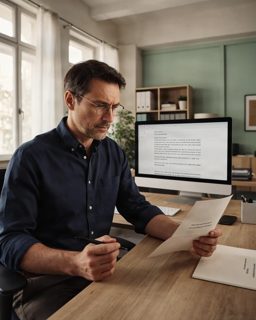An employee compares a draft letter on screen with the original paper letter in his hand.