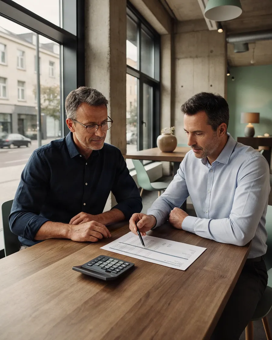 An owner and his accountant go through a printed cost overview, a calculator beside them.