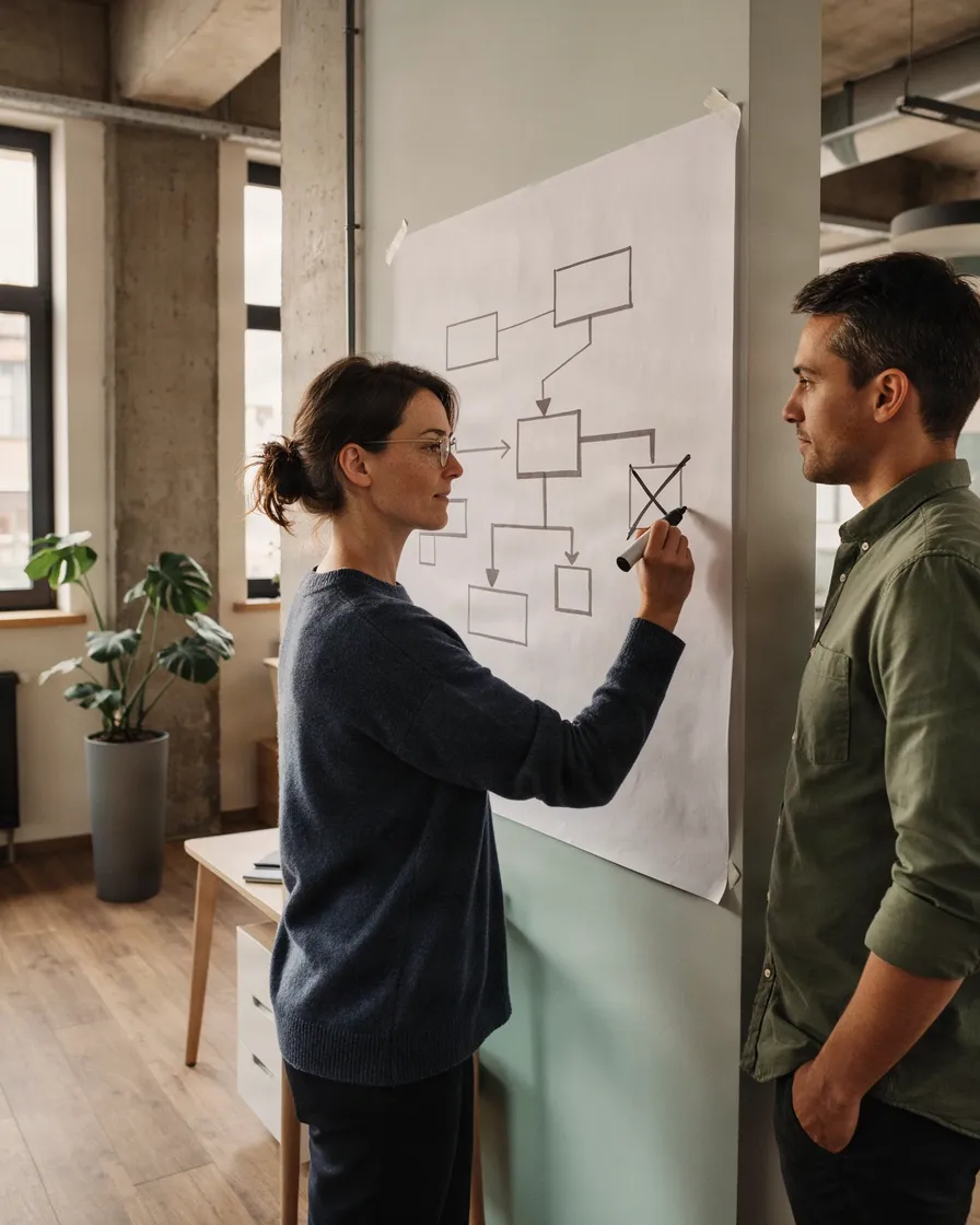 A woman crosses out a box in a process diagram on the wall with a thick marker while a colleague watches.