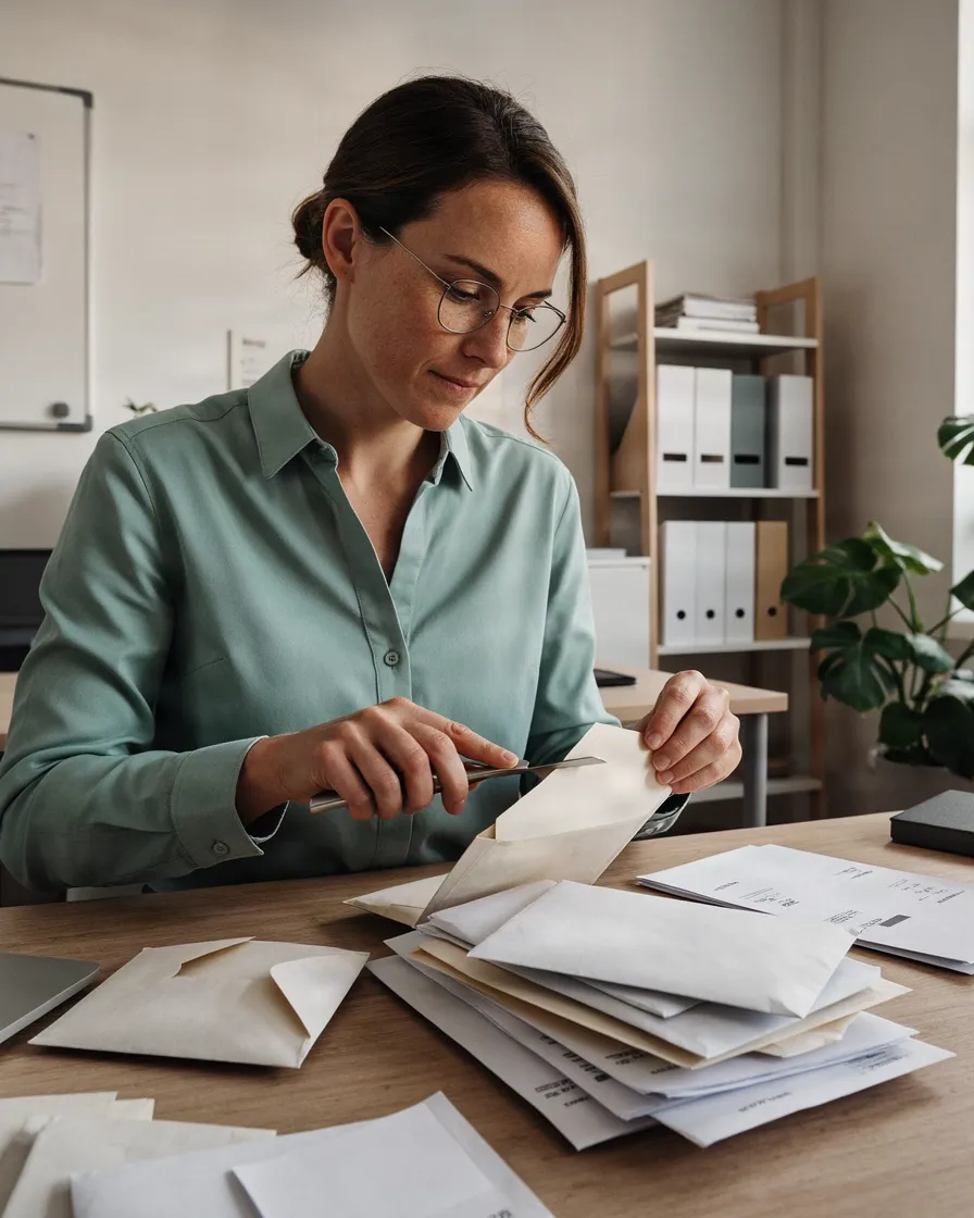 A bookkeeper opens envelopes with invoices at her desk.