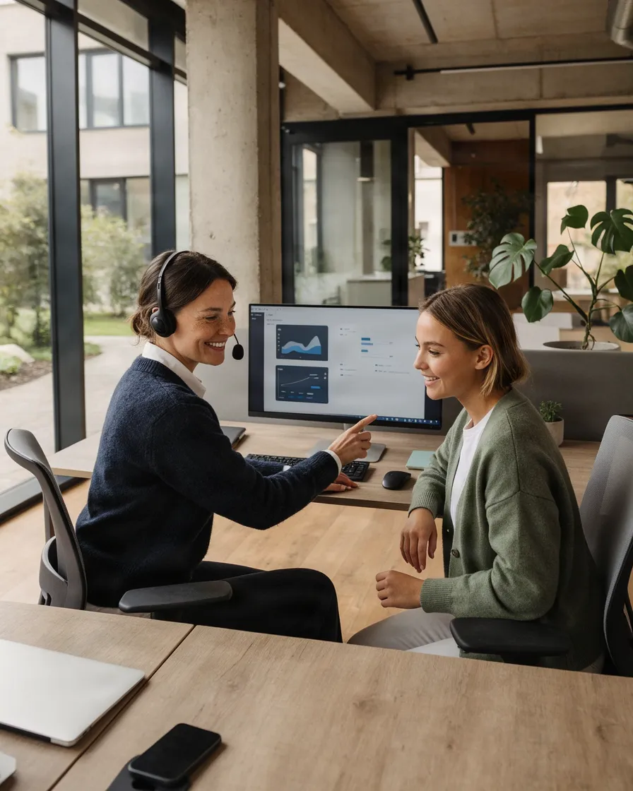 A customer service employee with a headset shows a new colleague something on her screen.