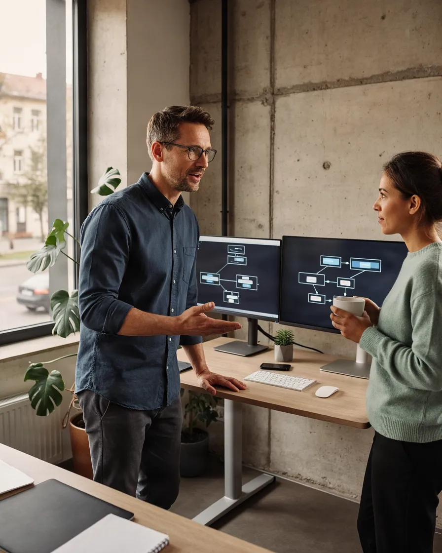 An IT administrator explains a workflow of connected boxes on two monitors to a colleague.