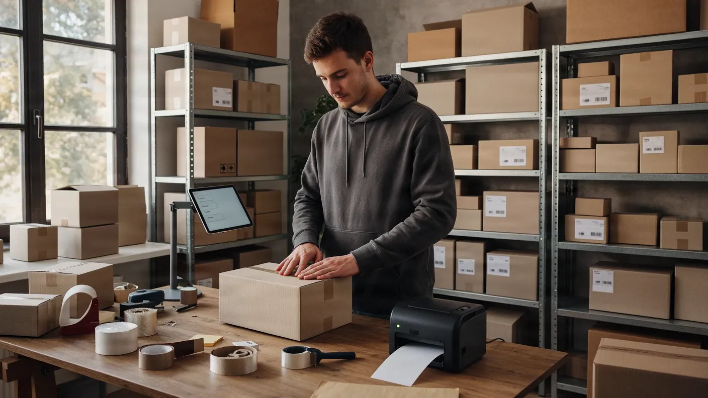 A young man packs a parcel in a small warehouse while a label printer prints the shipping label.