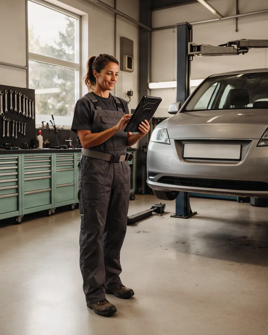 Eine Kfz-Mechanikerin prüft in der Werkstatt einen Auftrag auf dem Tablet.