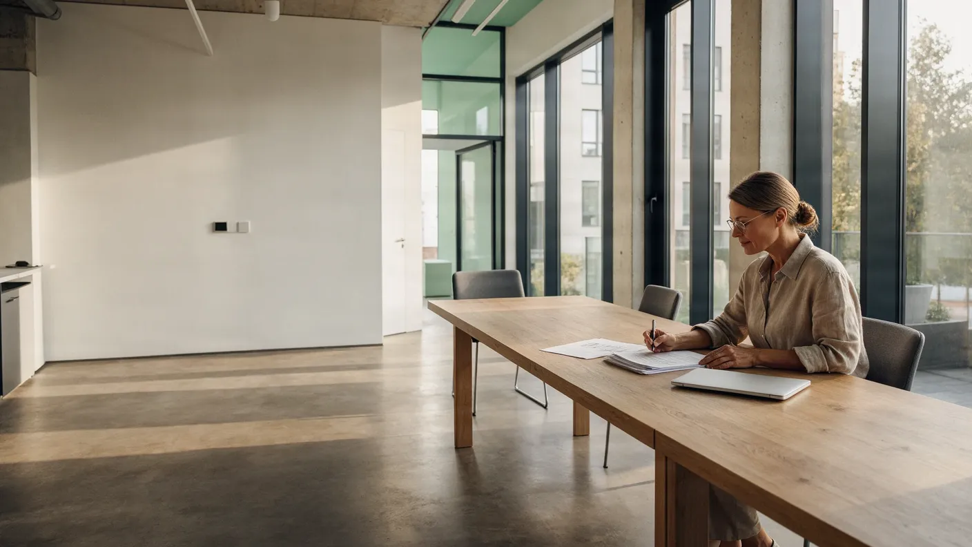 At the end of a long wooden table by the window, a woman reads printed pages and takes notes.
