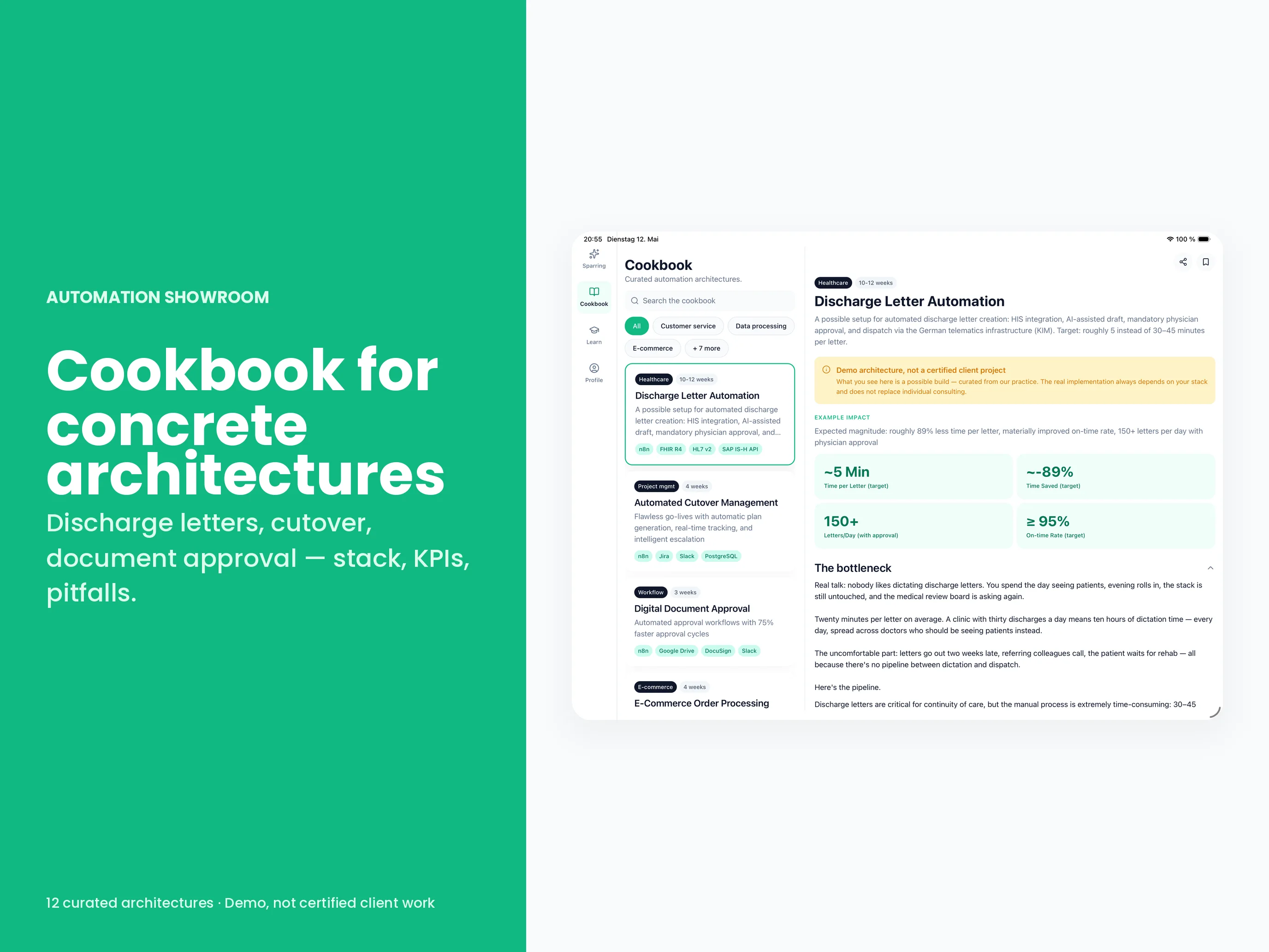 Cookbook detail: stack, KPI targets, honest disclaimer
